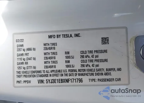 2022 Tesla Model 3 Long Range Dual Motor All-Wheel Drive z USA, uszkodzony, nr VIN 5YJ3E1EBXNF171796